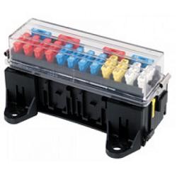 HELLA FUSE BOX -  16 BLADE - 16-way fuse box featuring black plastic housing with secondary locks, transparent cover and sealing gasket. Supplied with mounting brackets (male and female).